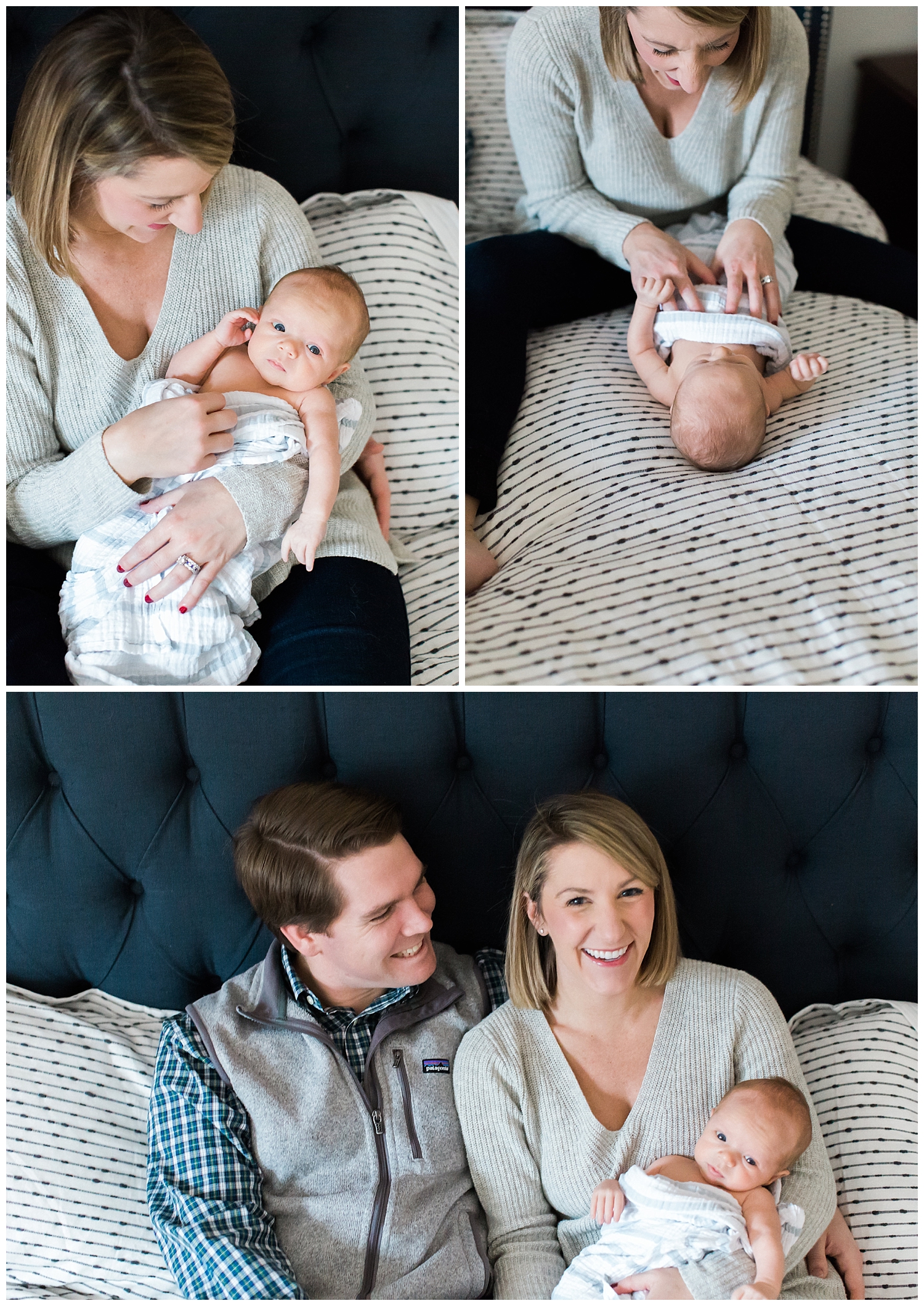 Swaddled baby with new mom and dad at a lifestyle newborn session in Duxbury, MA, with Halie Olszowy.