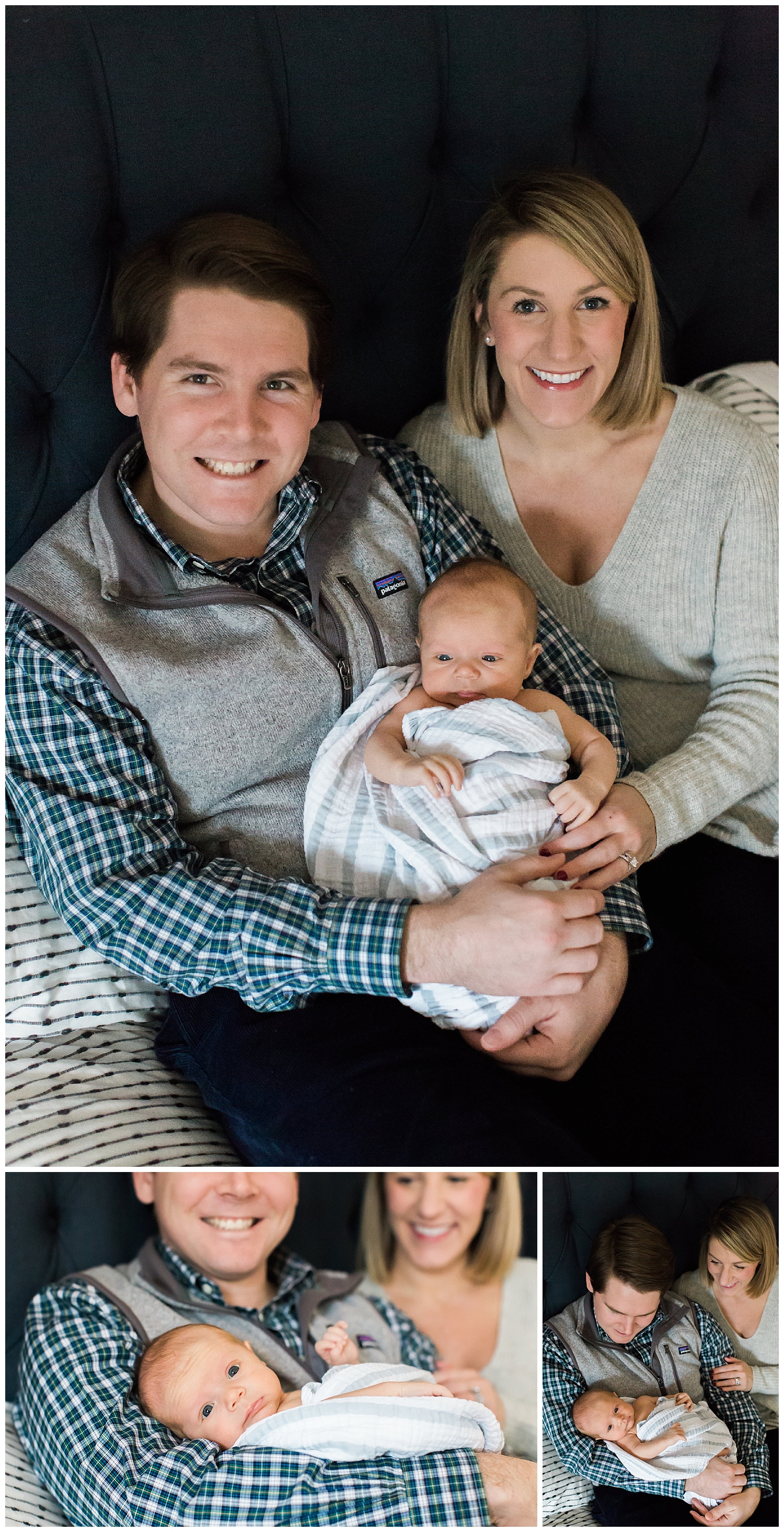 Swaddled baby with new mom and dad at a lifestyle newborn session in Duxbury, MA, with Halie Olszowy.