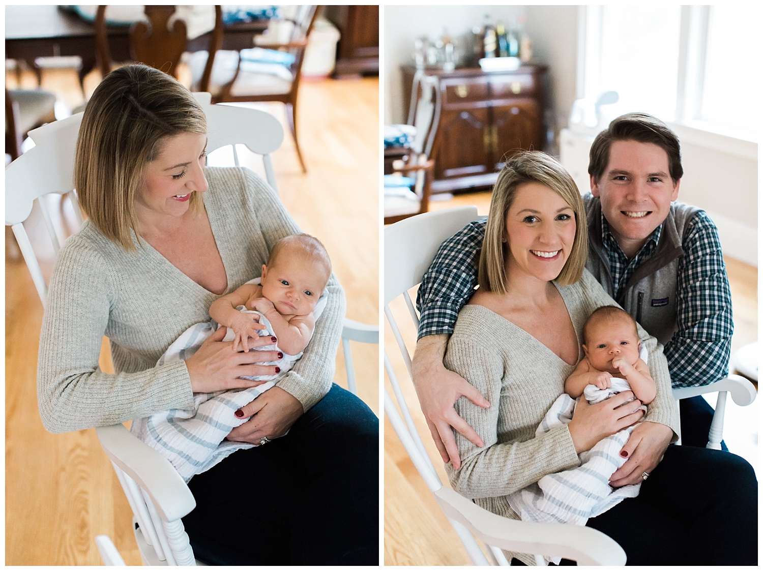 Swaddled baby with new mom and dad in rocking chair passed down two generations at a lifestyle newborn session in Duxbury, MA, with Halie Olszowy.