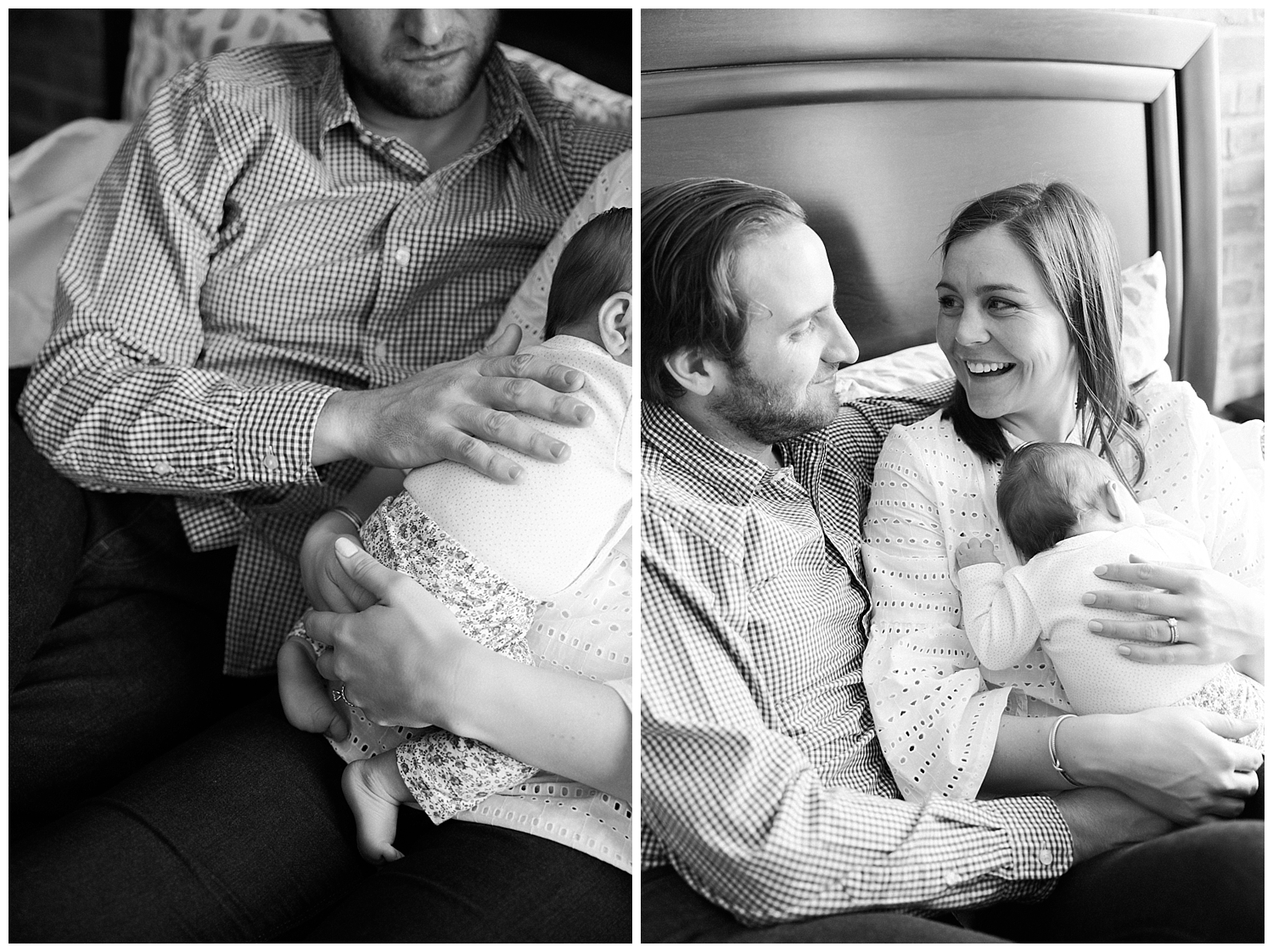 Baby with mom and dad at lifestyle newborn session, with Halie Olszowy (based in Portsmouth, NH).