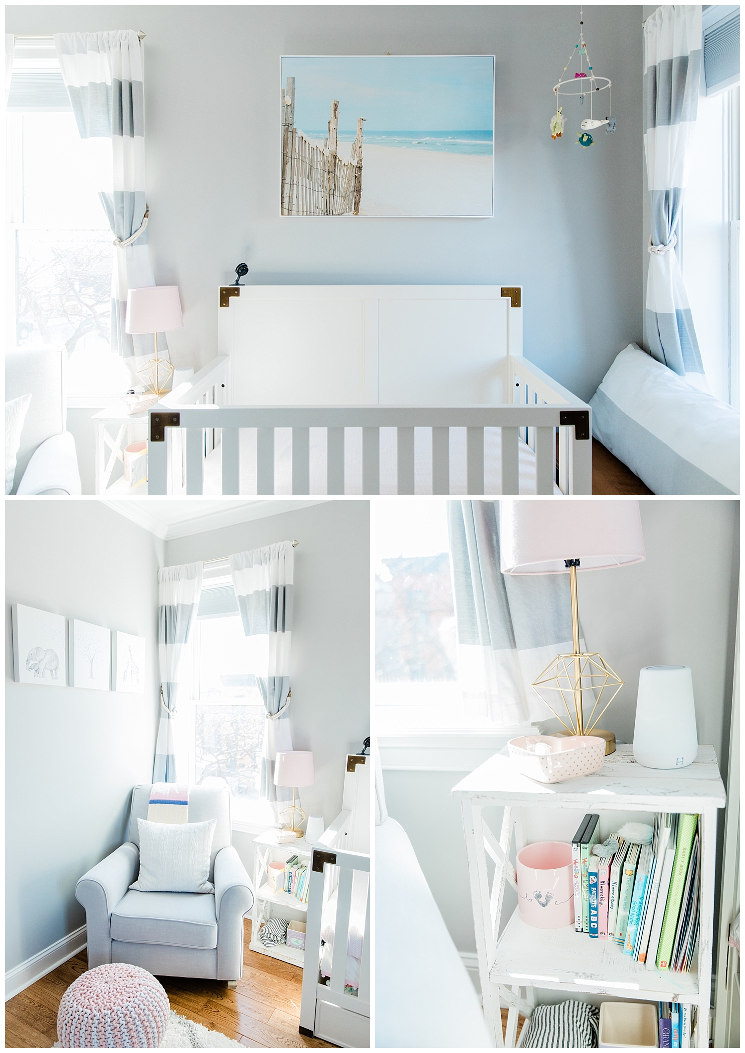 Ocean themed nursery decor at lifestyle newborn session, with Halie Olszowy (based in Portsmouth, NH).