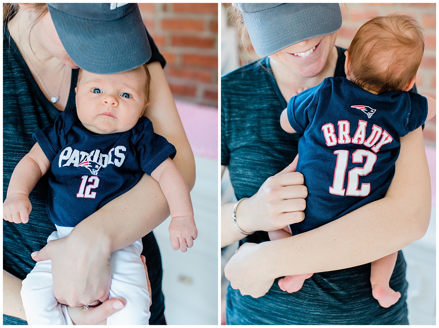 New England Patriots dressed baby and mom at lifestyle newborn session, with Halie Olszowy (based in Portsmouth, NH).