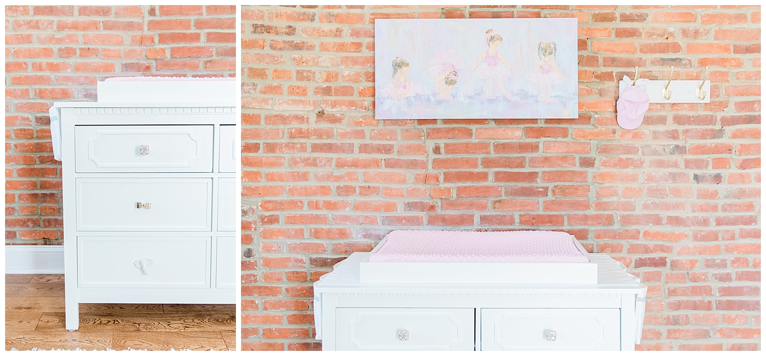 Interior brick nursery decor at lifestyle newborn session, with Halie Olszowy (based in Portsmouth, NH).