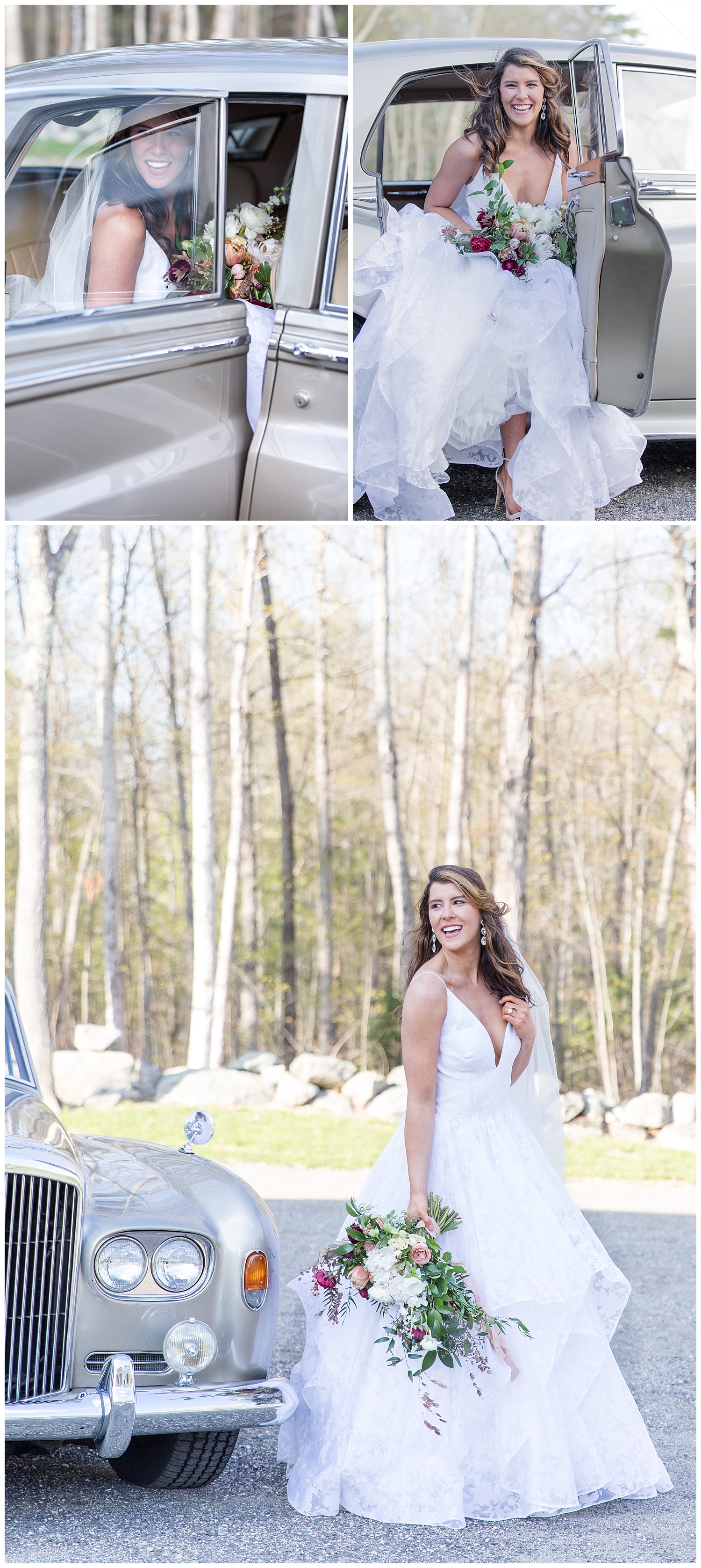 Portland, Maine wedding inspiration shoot at William Allen Farm with photography by halie. Floral design by Honeysuckle Way. Model Kaitlyn Beckwith and gown provided by Andrea's Bridal. Hair & Makeup by Sarah and Co. Designs. Vintage Bentley car provided by Maine Limousine.