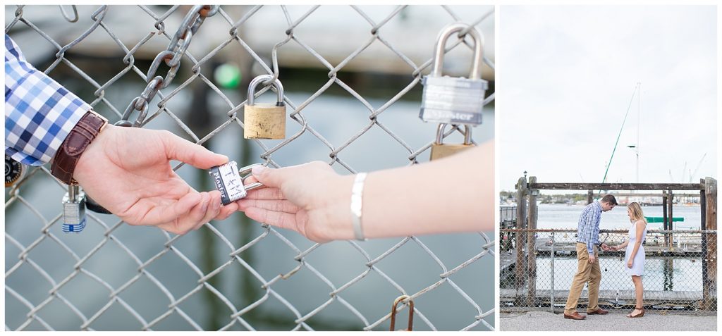 Seacoast, NH engagement photos with love locks at Prescott Park in Portsmouth, NH, photography by halie.