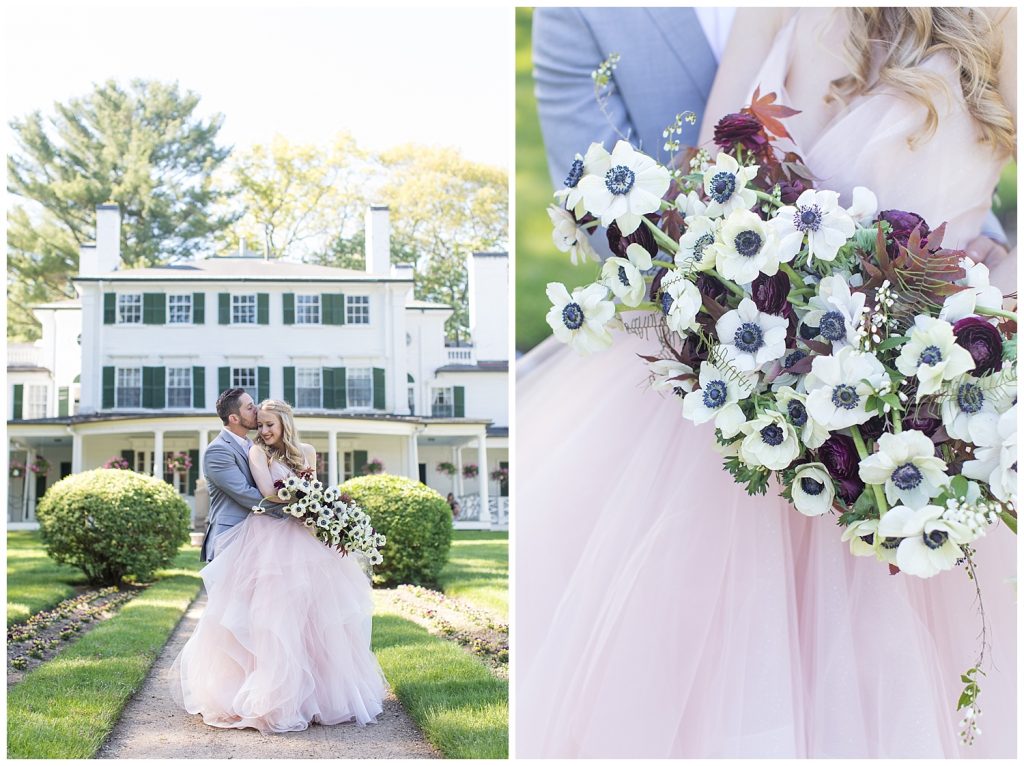 Glen Magna Farms Danvers, Massachusetts wedding inspiration shoot with photography by halie. Blush gown from Flair Boston and florals by Intrigue Designs.