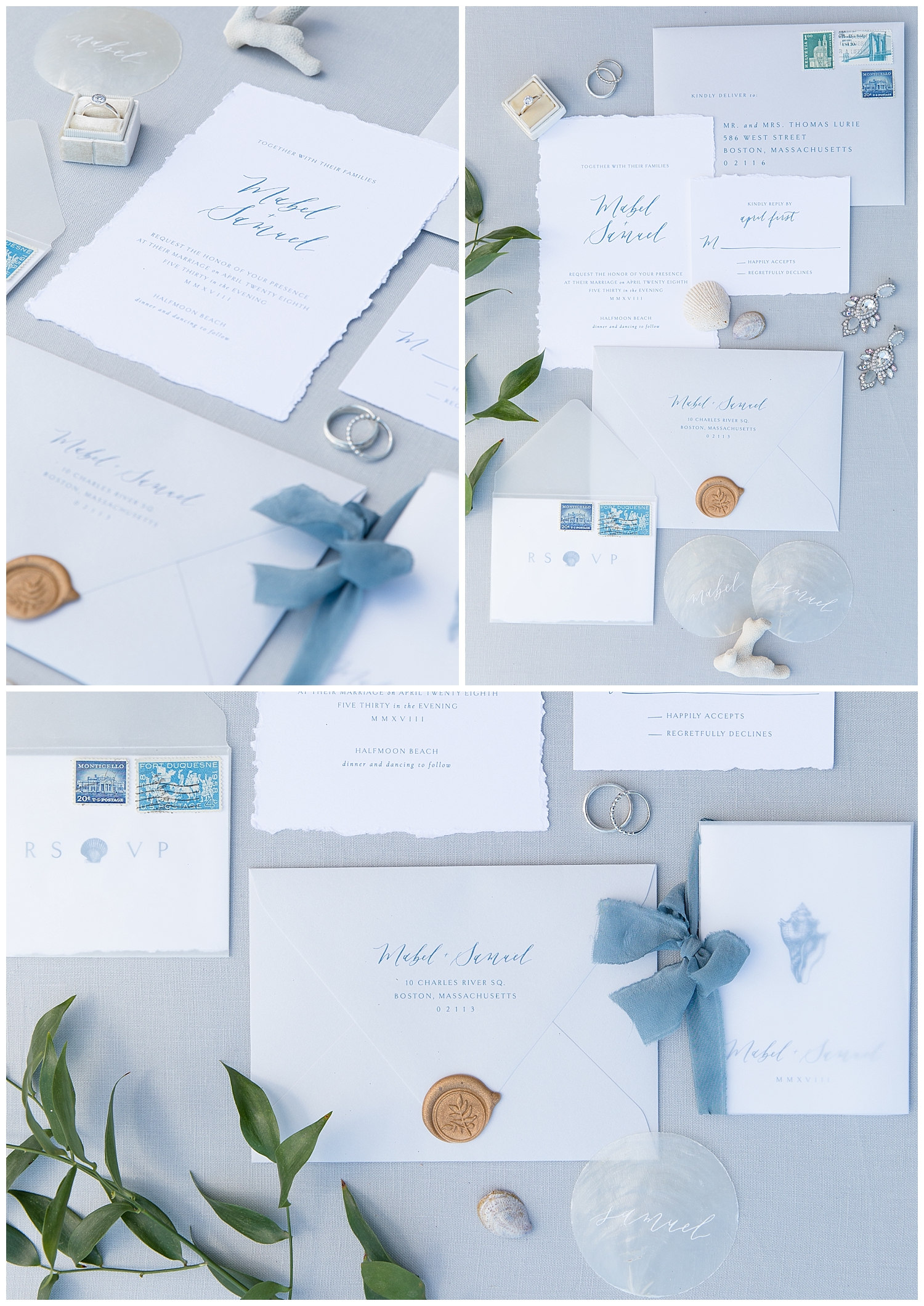 Invitation suite by Quinn Luu for Intimate Coastal, North Shore Elopement in Gloucester, MA. Photography, by Halie Olszowy.