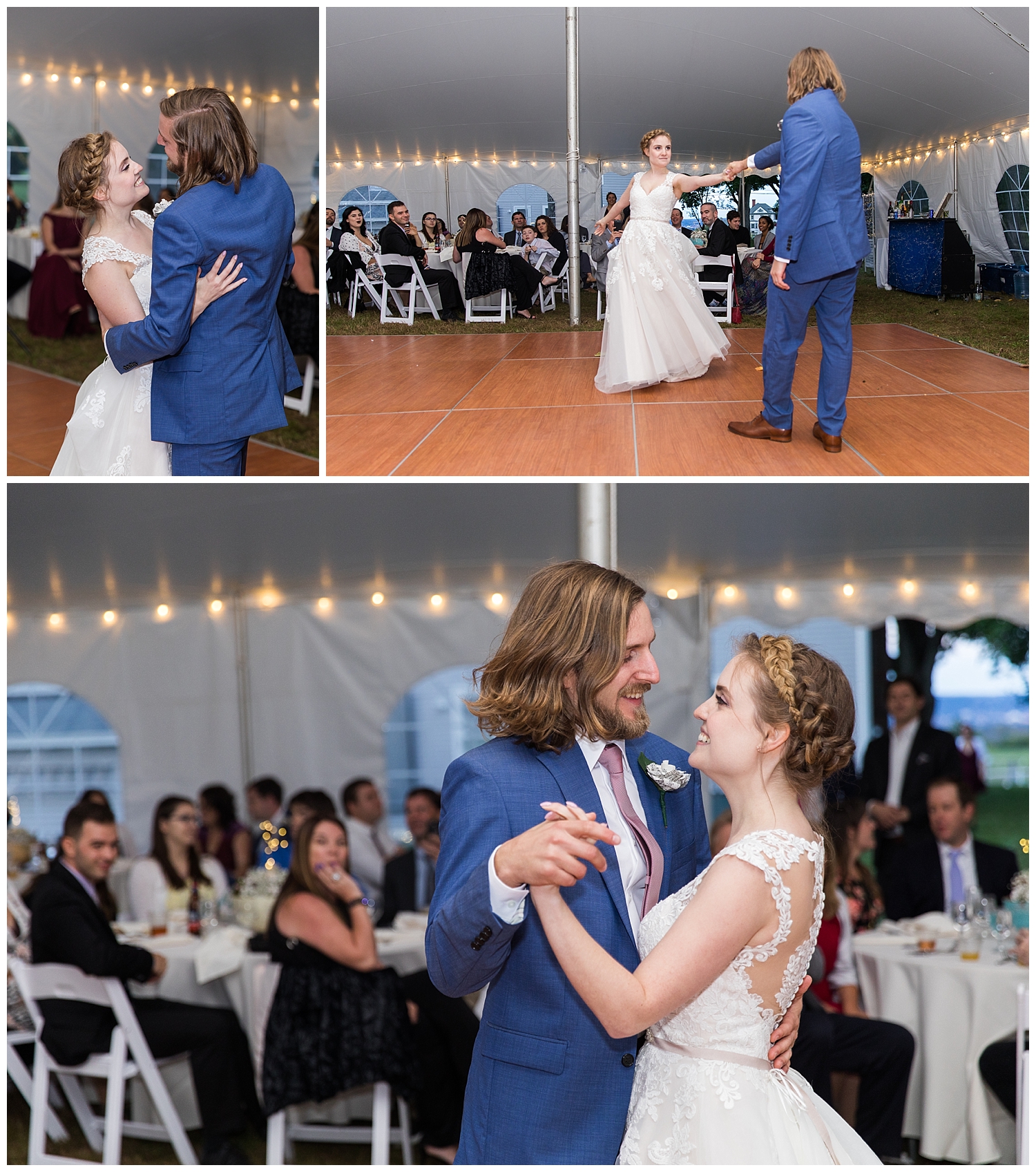 First dance to "Sleep Walk" by Santos and Johnny. Goffstown, New Hampshire wedding at a private estate. Photography by Halie Olszowy.