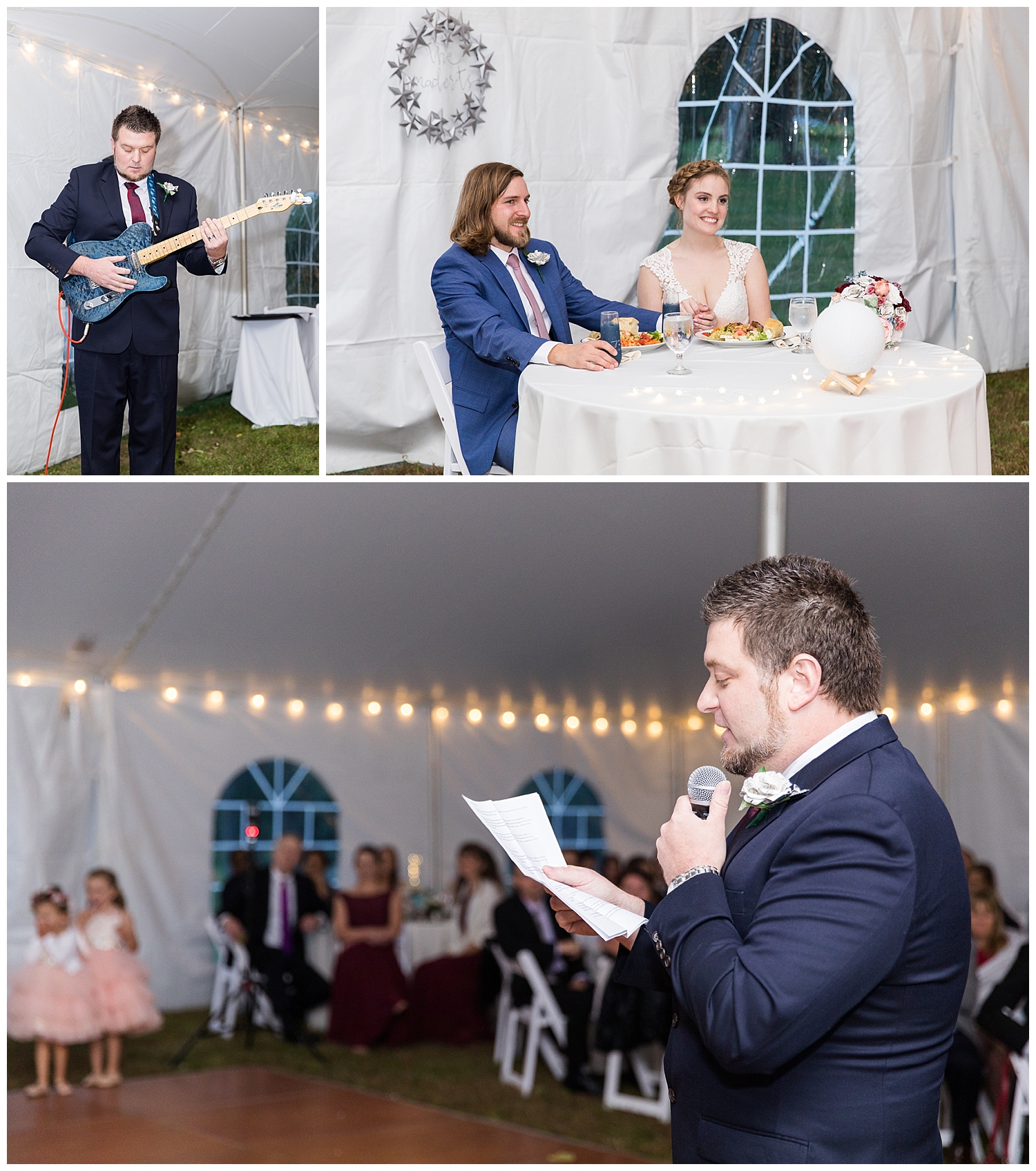 Best man speech with guitar on loop. Goffstown, New Hampshire wedding at a private estate. Photography by Halie Olszowy.