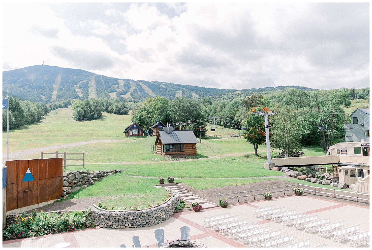 Outdoor ceremony setup at a Sugarloaf Mountain Resort Wedding in Maine, photos by Halie Olszowy.