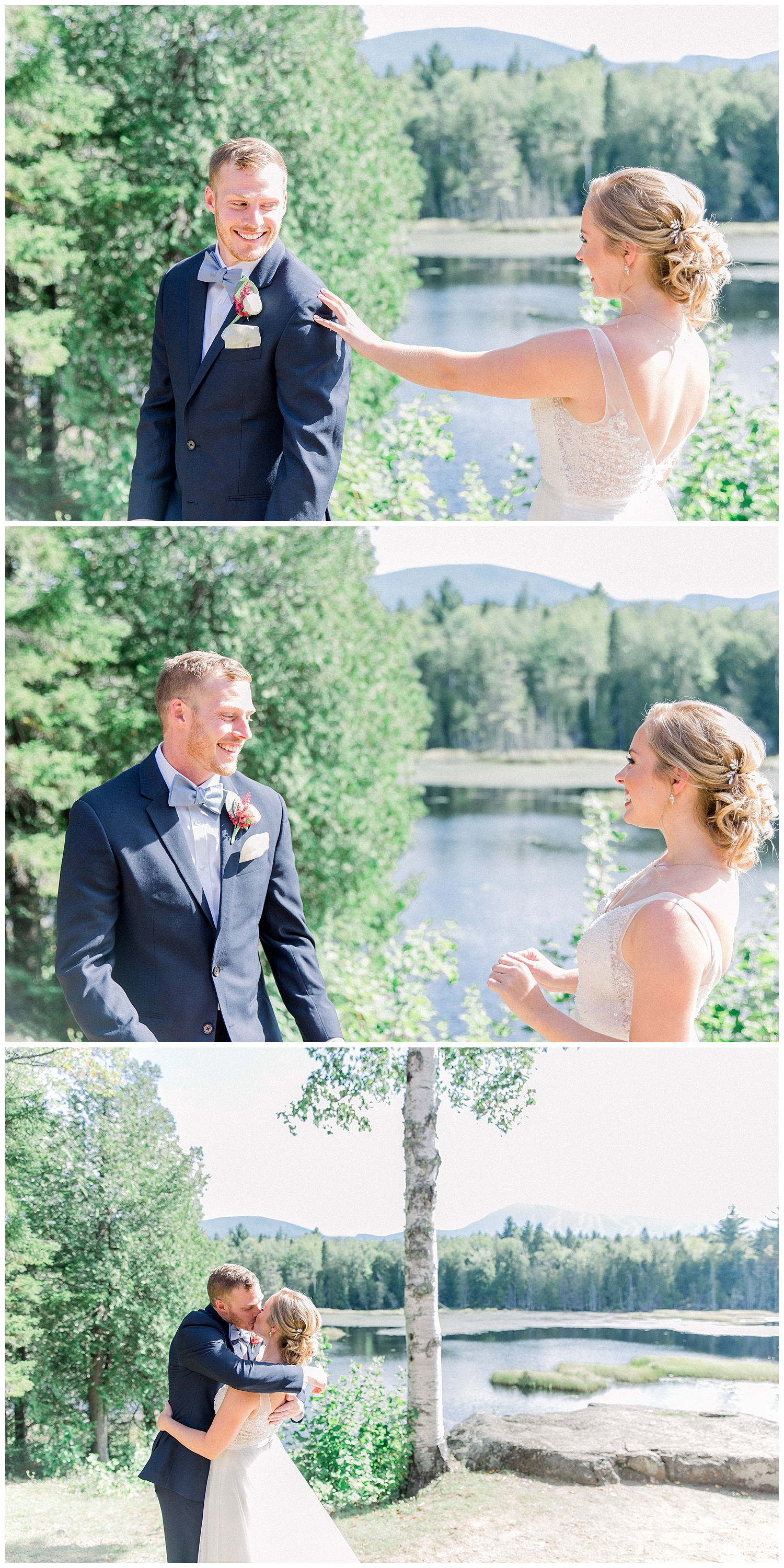 Bride and Groom Portraits after their First Look at a Sugarloaf Mountain Resort Wedding in Maine, photos by Halie Olszowy.
