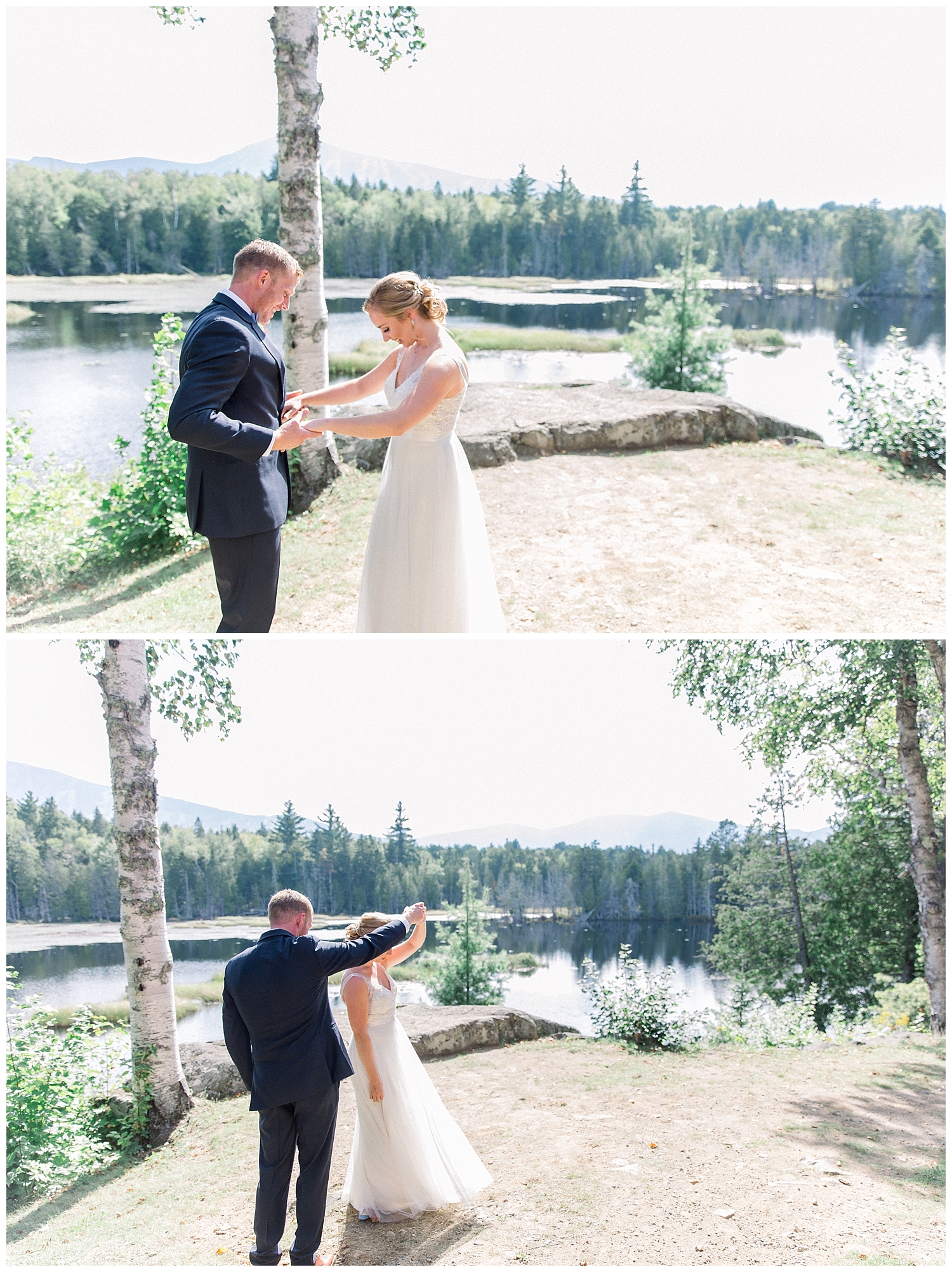 Bride and Groom Portraits after their First Look at a Sugarloaf Mountain Resort Wedding in Maine, photos by Halie Olszowy.