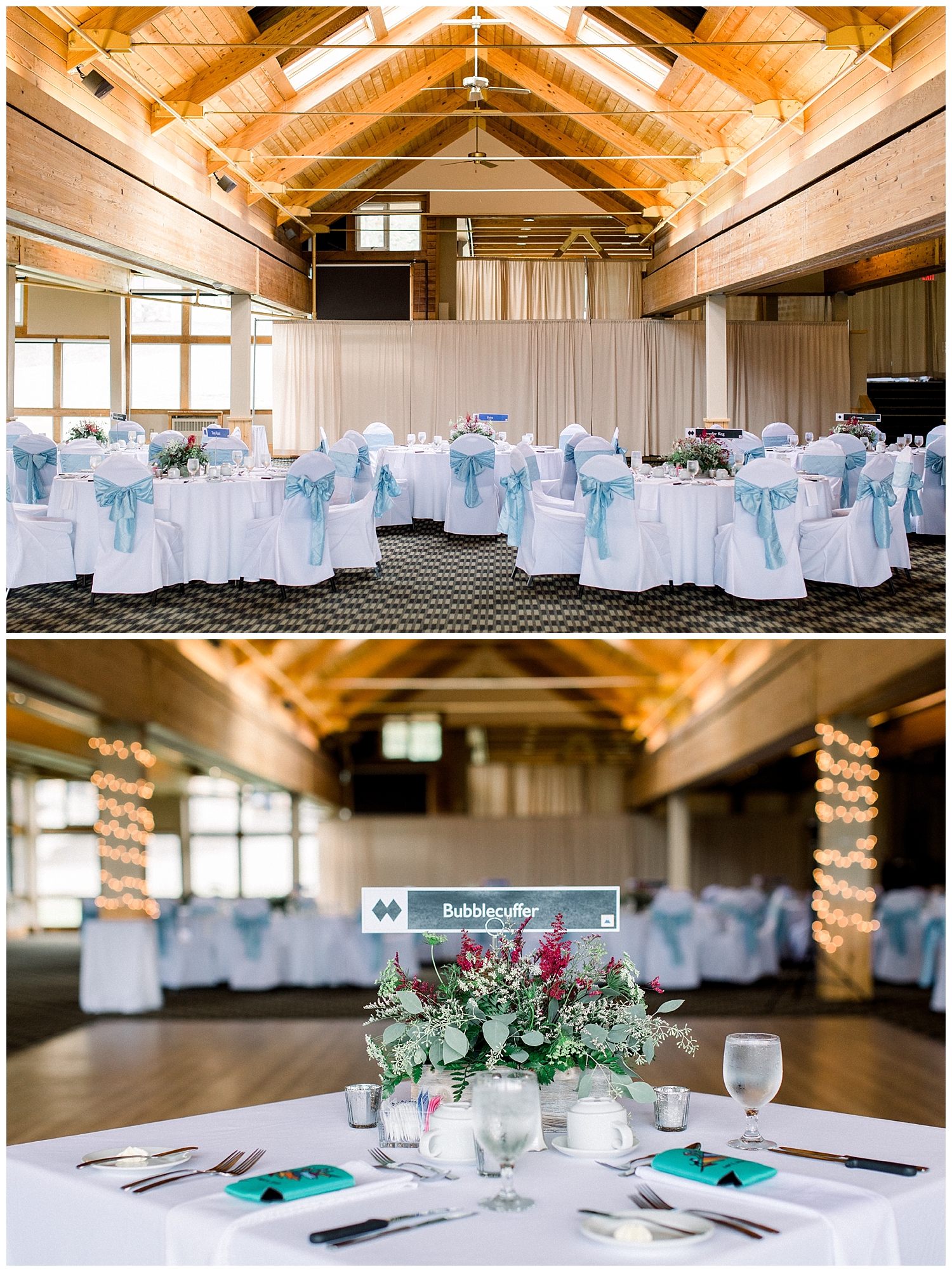 Reception setup at Sugarloaf Mountain Resort Wedding in Maine, photos by Halie Olszowy.
