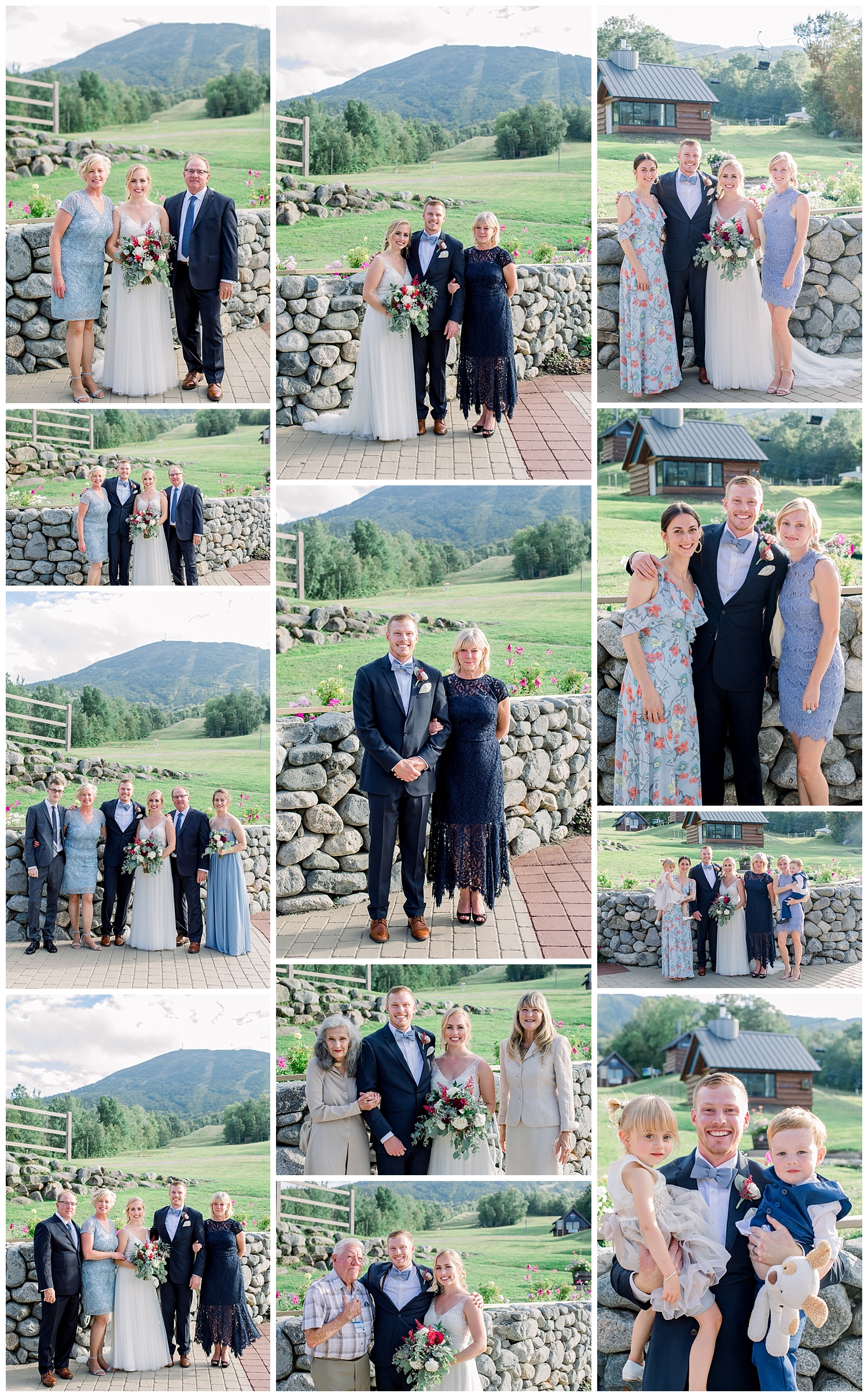 Family photo groups at Sugarloaf Mountain Resort Wedding in Maine, photos by Halie Olszowy.