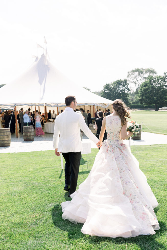 Wentworth by the Sea Country Club Rye NH wedding, Lazaro floral gown, Indochino white tux, florals by Jardiniere Flowers, Sperry sailcloth tent
