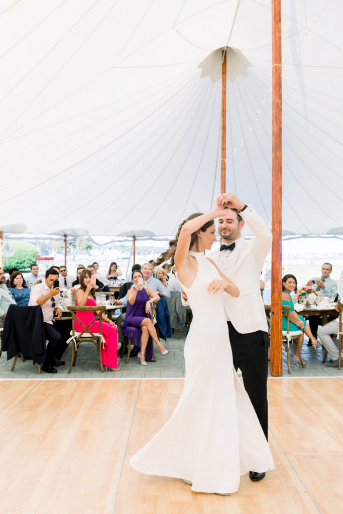 Wentworth by the Sea Country Club Rye NH wedding, BHLDN reception dress, Indochino white tux, Sperry sailcloth tent
