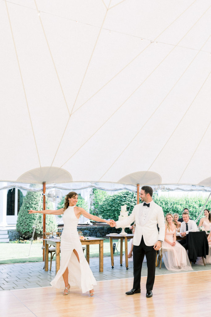 Wentworth by the Sea Country Club Rye NH wedding, BHLDN reception dress, Indochino white tux, Sperry sailcloth tent