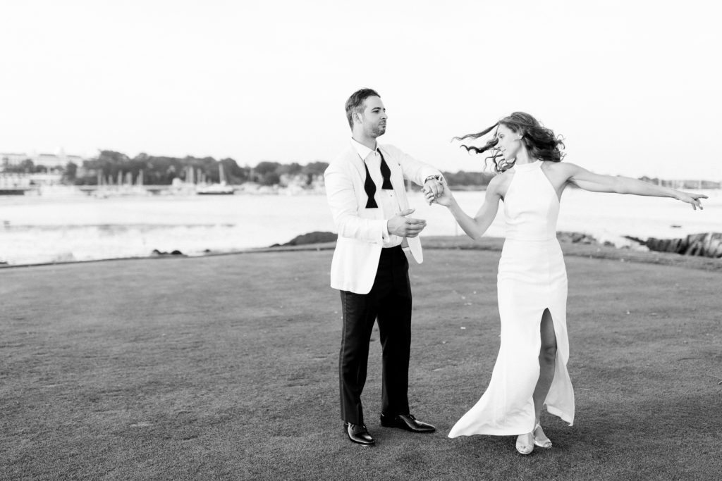 Wentworth by the Sea Country Club Rye NH wedding, BHLDN reception dress, Indochino white tux, ocean sunset photos