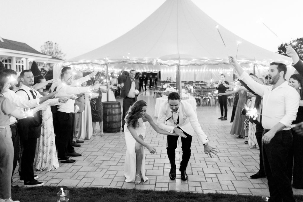 Wentworth by the Sea Country Club Rye NH wedding, BHLDN reception dress, Indochino white tux, Sperry sailcloth tent sparkler exit
