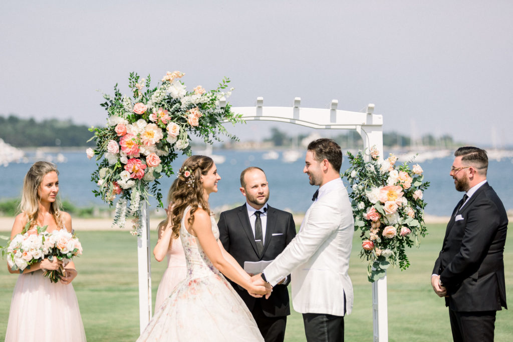 Wentworth by the Sea Country Club Rye NH wedding, florals by Jardiniere, Lazaro floral bride's gown