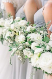 white wedding bouquets with greenery from F..As in Flowers, Coastal NH wedding at Abenaqui Country Club and Fuller Gardens in Rye