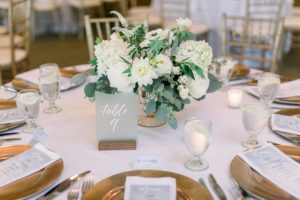 Gold white and blue reception wedding decor, Coastal NH wedding at Abenaqui Country Club in Rye, flowers by F..As in Flowers