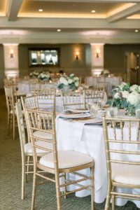 Gold white and blue reception wedding decor, Coastal NH wedding at Abenaqui Country Club in Rye, flowers by F..As in Flowers