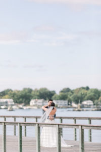 Stamford Yacht Club Wedding - CT Wedding first look on the dock, classic BHLDN strapless wedding dress