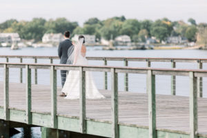 Stamford Yacht Club Wedding - CT wedding first look on the ocean, classic BHLDN strapless dress