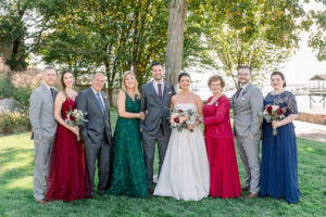 Stamford Yacht Club Wedding - CT wedding with classic BHLDN strapless wedding dress, family portrait