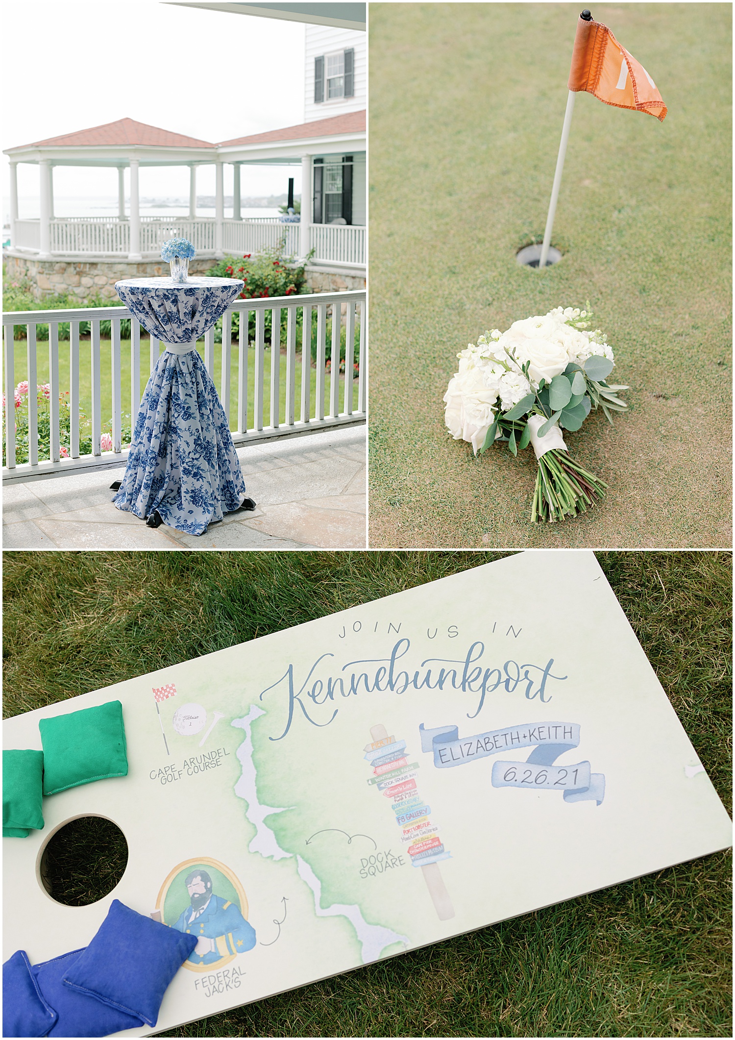 cocktail hour at kennebunkport maine wedding with custom corn hole boards by mulberry & elm