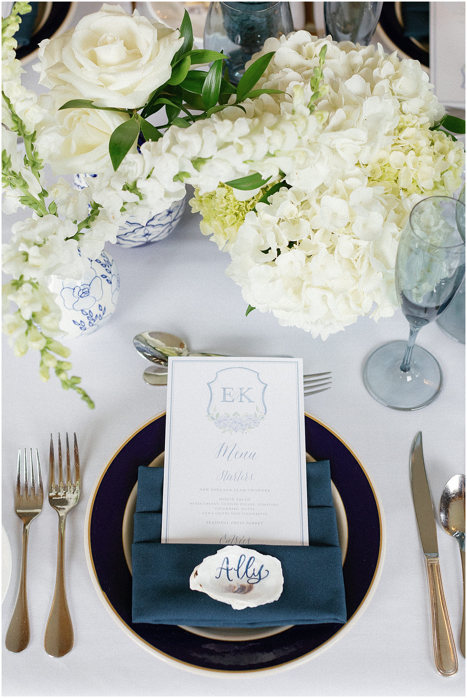 colony hotel maine wedding with blue toile and ginger jar decor, menus and calligraphy by mulberry & elm