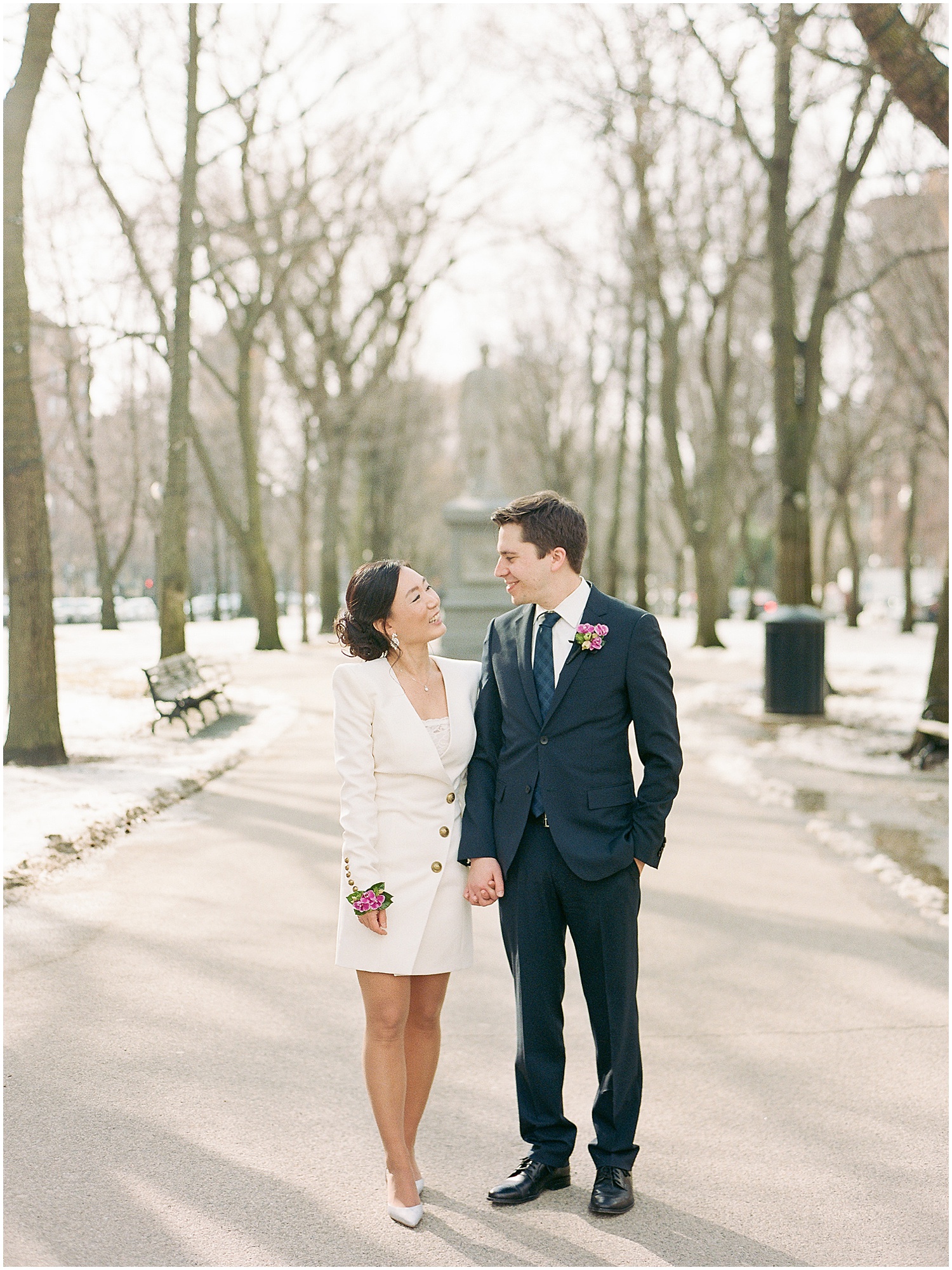 Winter elopement photos on Comm Ave