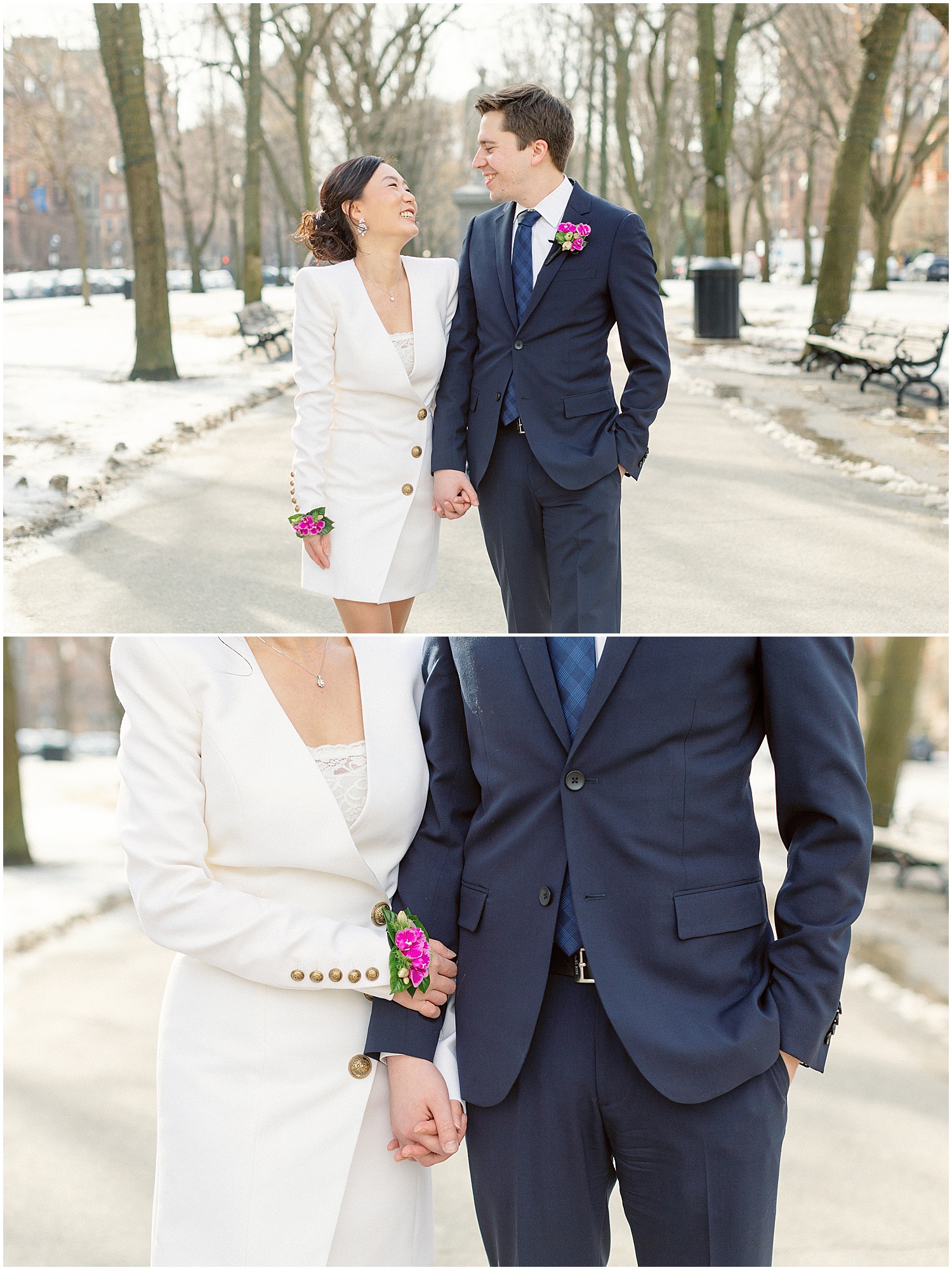 Winter elopement photos on Comm Ave