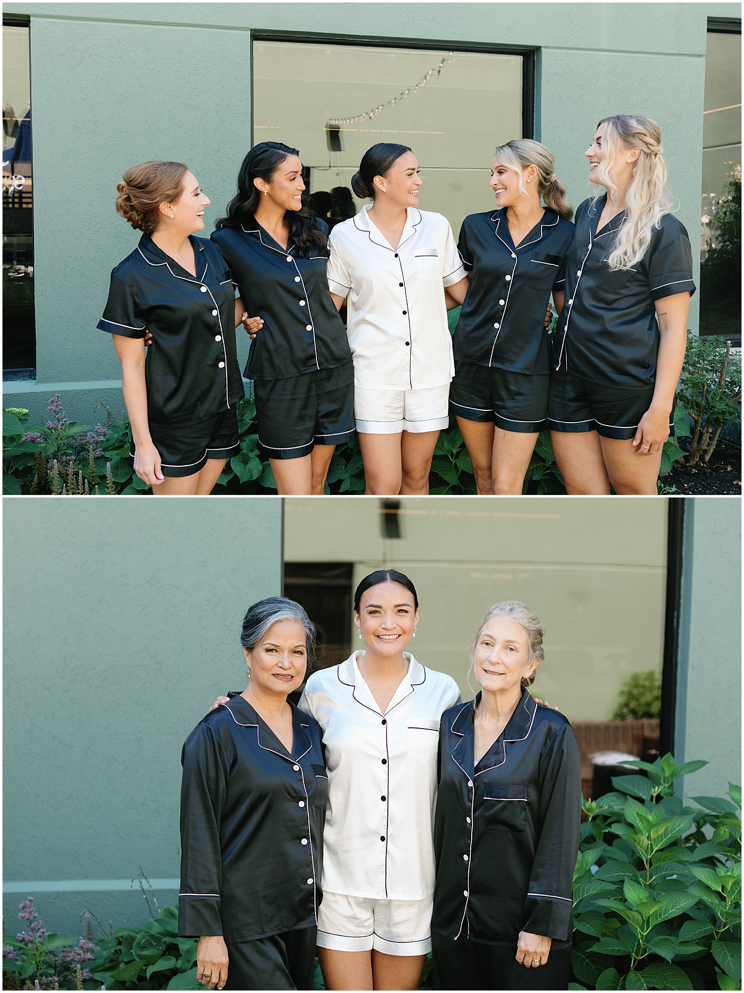 Bride with bridesmaids and moms in matching black pajamas
