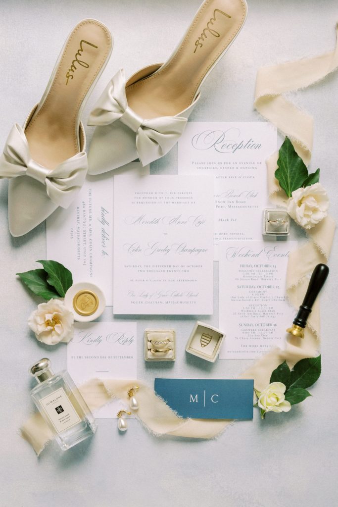 Wedding flat lay detail photography for Cape Cod Wedding