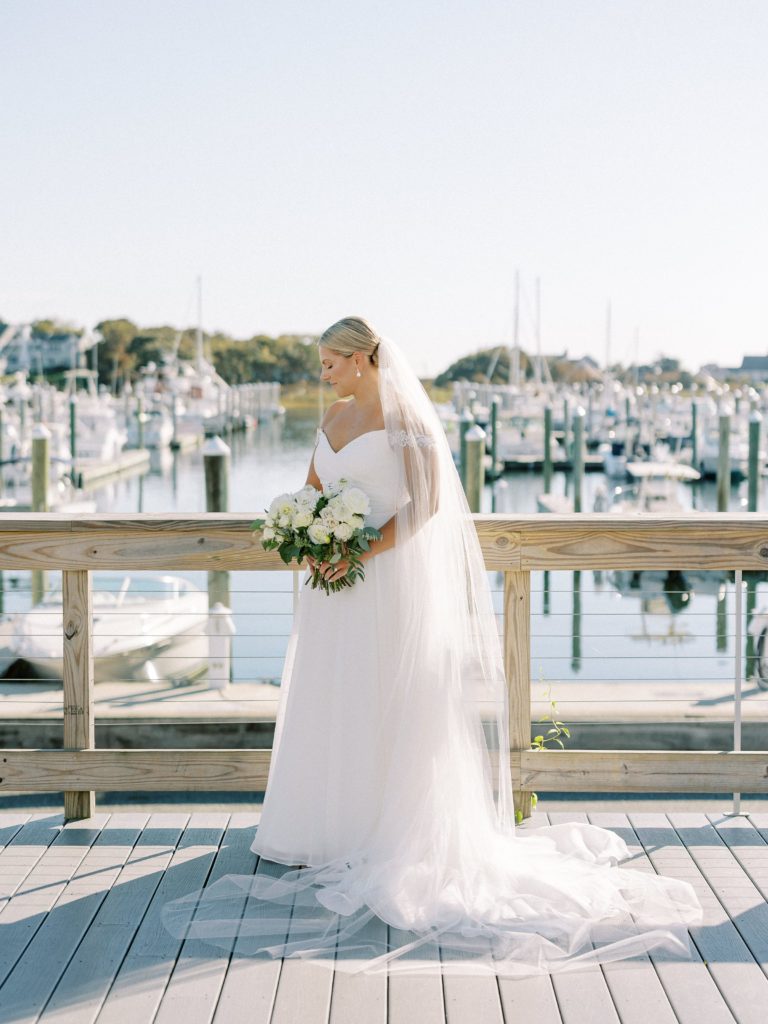 Bridal portrait at Saquatucket Harbor on Cape Cod