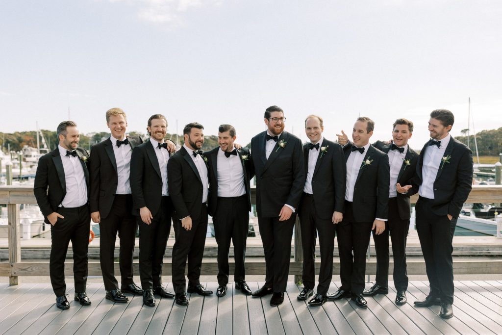 Groom and groomsmen portrait for Cape Cod black-tie wedding