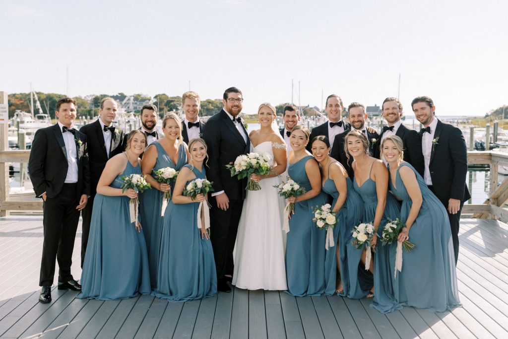 Wedding party portraits at Saquatucket Harbor on Cape Cod