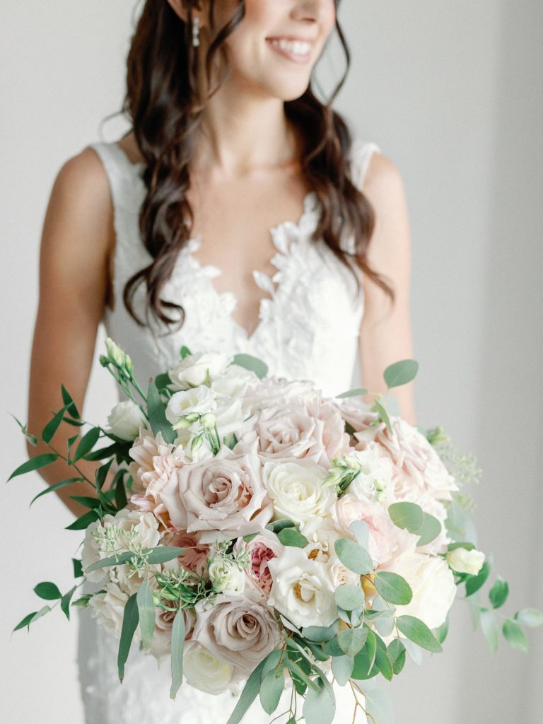 Bridal bouquet with soft neutral tones for Newport wedding