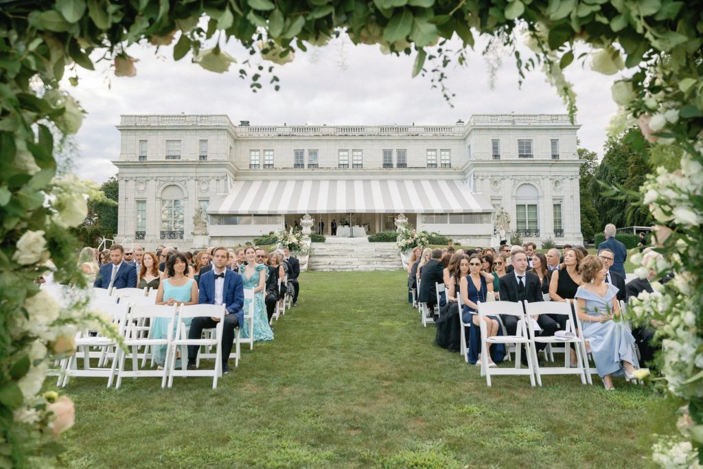 Outdoor ceremony at Rosecliff Newport Mansion for summer wedding
