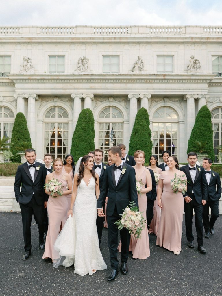 Bridal party portrait at Rosecliff Newport Mansion 