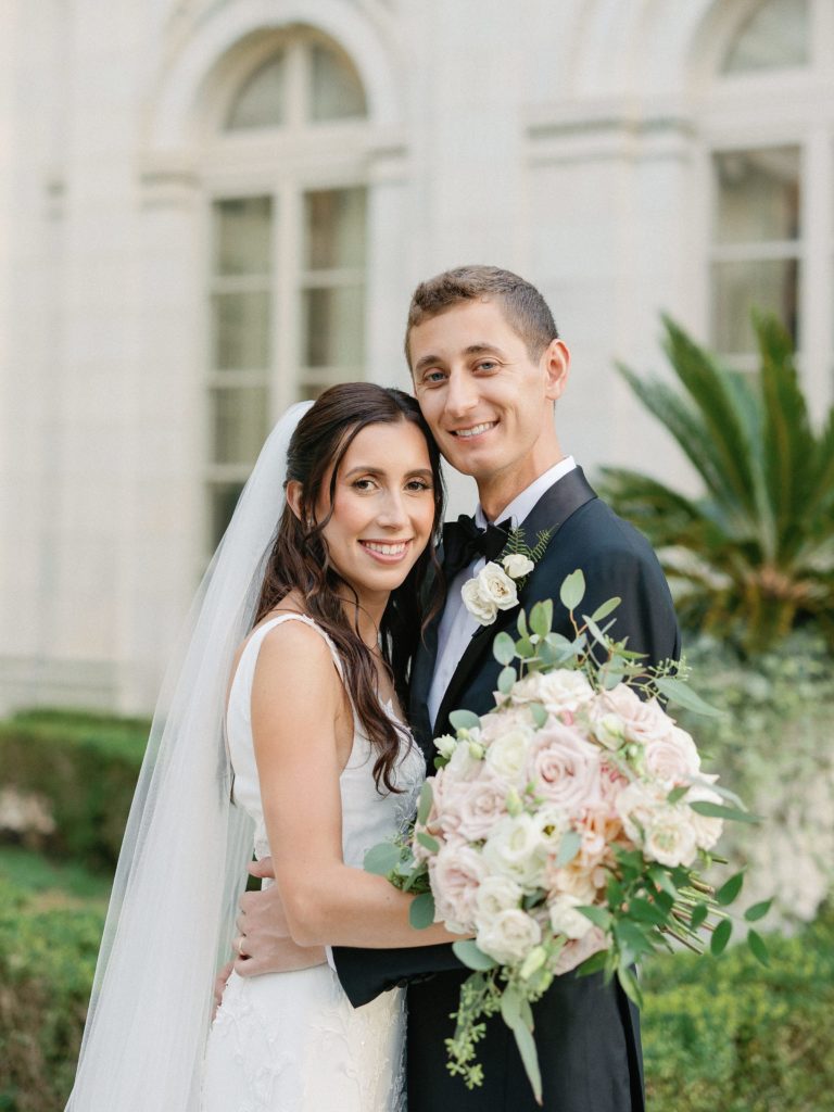 Bride and groom portrait at Rosecliff Newport Mansion 