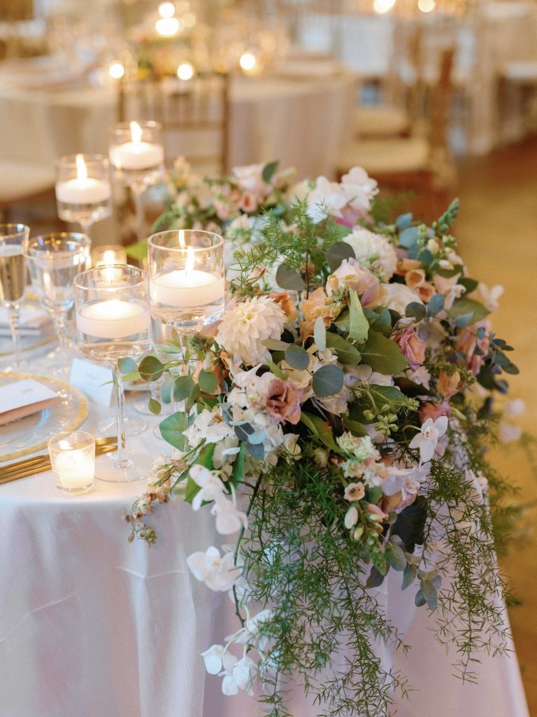 Floral design for sweetheart table at Newport Mansion summer wedding 