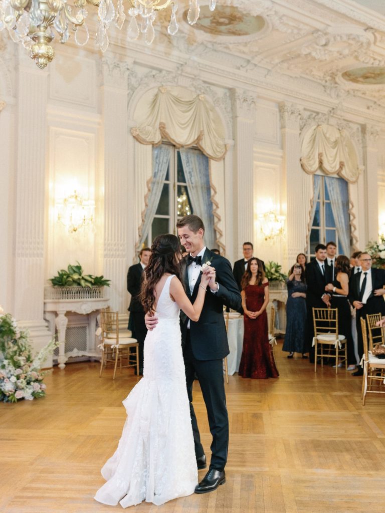 Bride and groom first dance in the ballroom at Rosecliff Newport Mansion 