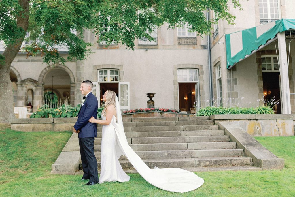 Bride and groom first look at Glen Manor House 