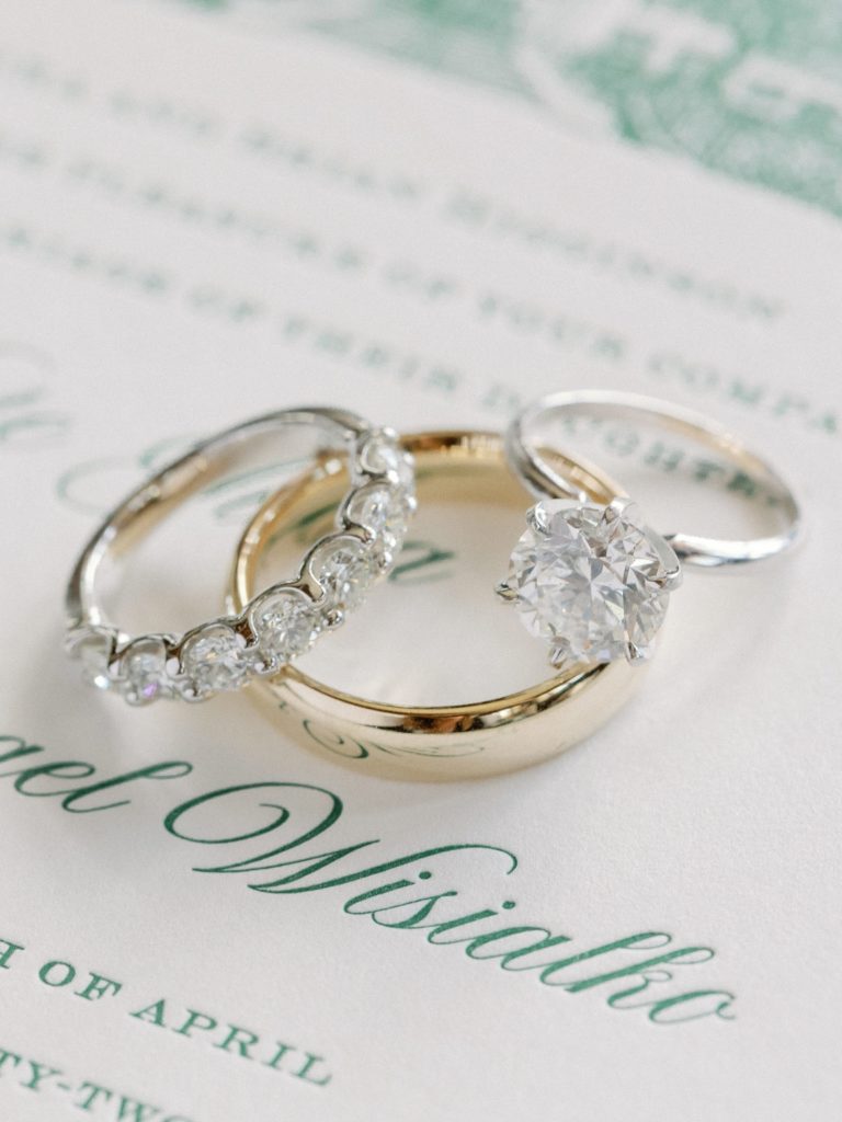 Wedding bands and engagement ring detail photography for New England wedding