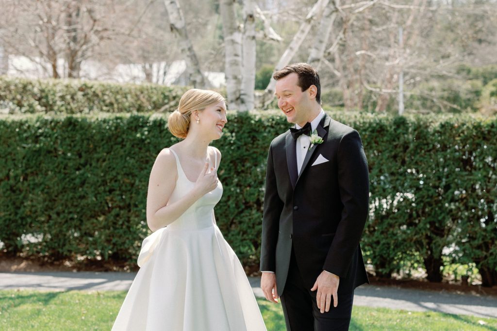 Bride and groom first look for spring Vermont wedding