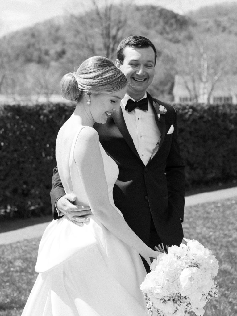 Black and white photo of bride and groom at the Woodstock Inn 