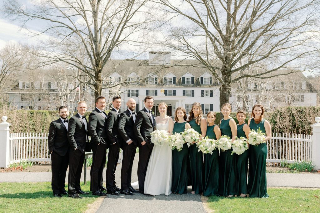 Bridal party portrait for spring wedding at the Woodstock Inn in Vermont